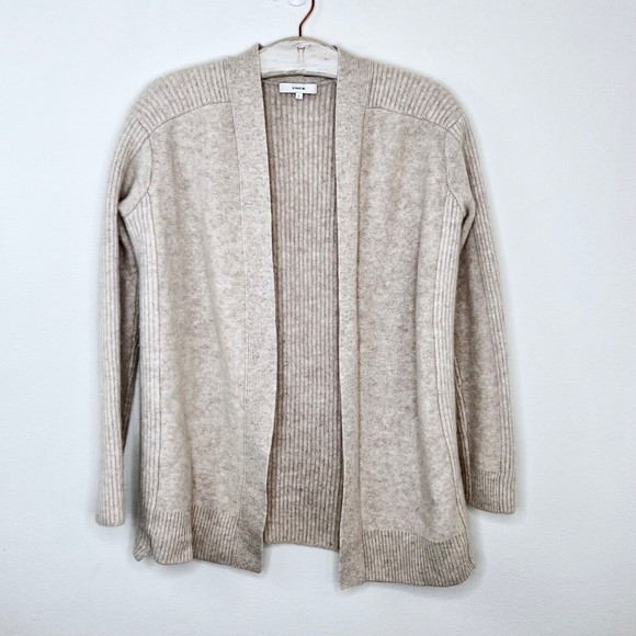 VINCE Womens Cashmere Wool Open Cardigan Ribbed Back & Sleeves Small Oat Sweater - Picture 1 of 5